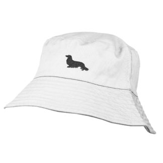 Long Haired Dachshund Owner Clothing Gifts. 100% Washed Chino Cotton Embroidered Bucket Sun Hat With Cotton Lining From The House Of Dog.