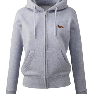 Long haired dachshund daxie owner sausage dog gifts embroidered ladies organic full zip hoodie from the house of dog.