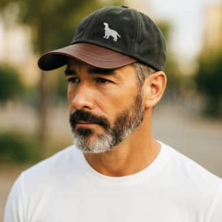 Cocker Spaniel Owner Silhouette Clothing Gifts, Waxed Cotton Leather Peak Waterproof Baseball Cap Hat From The House Of Dog.