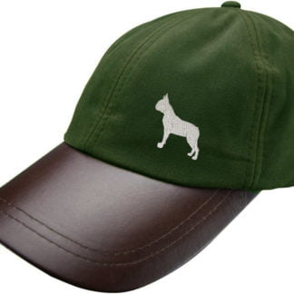 Boston Terrier Owner Clothing Gifts, Waxed Cotton Leather Peak Waterproof Baseball Cap Hat From The House Of Dog.