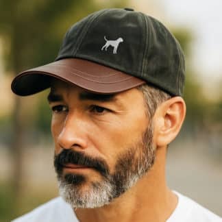 Boxer Owner Clothing Gifts, Waxed Cotton Leather Peak Waterproof Baseball Cap Hat From The House Of Dog.