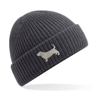 Basset hound owner clothing gifts. water repellent thermal beanie ski hat from the house of dog.