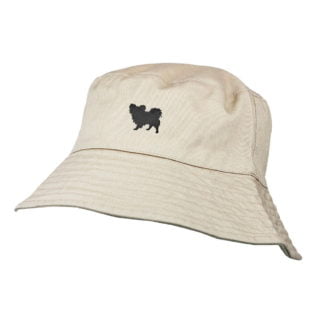Papillon Owner Clothing Gifts. 100% Washed Chino Cotton Embroidered Bucket Sun Hat With White Cotton Lining From The House Of Dog