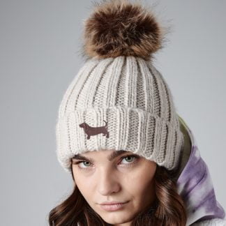 Basset Hound Owner Clothing Gifts, Faux Fur Pom Pom Chunky Knit Embroidered Beanie From The House Of Dog.