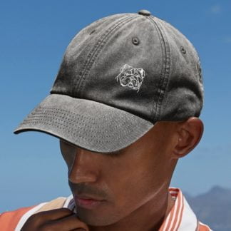 The House Of Dog: English Bulldog Owner Gift. Distressed Vintage Washed 100% Heavyweight Brushed Cotton Embroidered Low Profile Baseball Cap