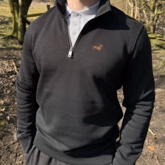 Dachshund doxie sausage dog clothing gifts embroidered unisex eco-friendly 1/4 zip high neck heavyweight sweatshirt from the house of dog.