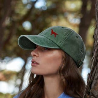 Irish Red Setter Owner Gift. Distressed Vintage Washed 100% Heavyweight Brushed Cotton Embroidered 6 Panel Low Profile Baseball Cap.