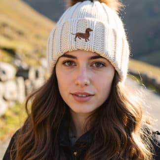 Dachshund Sausage Dog Owner Clothing Gifts, Faux Fur Pom Pom Chunky Knit Super Soft Unisex Embroidered Beanie From The House Of Dog.