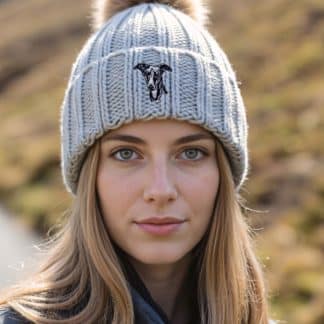 Whippet Owners Clothing Gifts, Faux Fur Pom Pom Chunky Knit Super Soft Unisex Embroidered Beanie From The House Of Dog.