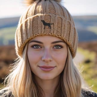 Black labrador owner clothing gifts, faux fur pom pom chunky knit super soft unisex embroidered beanie from the house of dog.