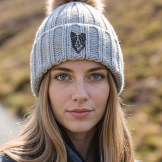 Border Collie Sheepdog Owner Clothing Gifts, Faux Fur Pom Pom Chunky Knit Super Soft Embroidered Beanie From The House Of Dog.