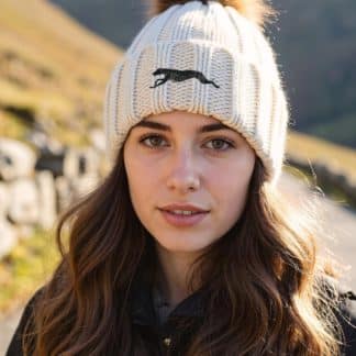 Greyhound, lurcher, deerhound owner clothing gifts, faux fur pom pom chunky knit super soft unisex embroidered beanie.