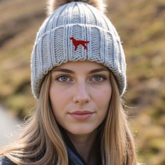 Irish Red Setter Owner Clothing Gifts, Faux Fur Pom Pom Super Soft Chunky Knit Unisex Embroidered Beanie From The House Of Dog.