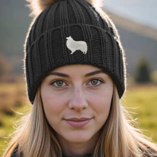Sheltie Shetland Sheepdog Owner Clothing Gifts, Faux Fur Pom Pom Chunky Knit Super Soft Unisex Embroidered Beanie From The House Of Dog.
